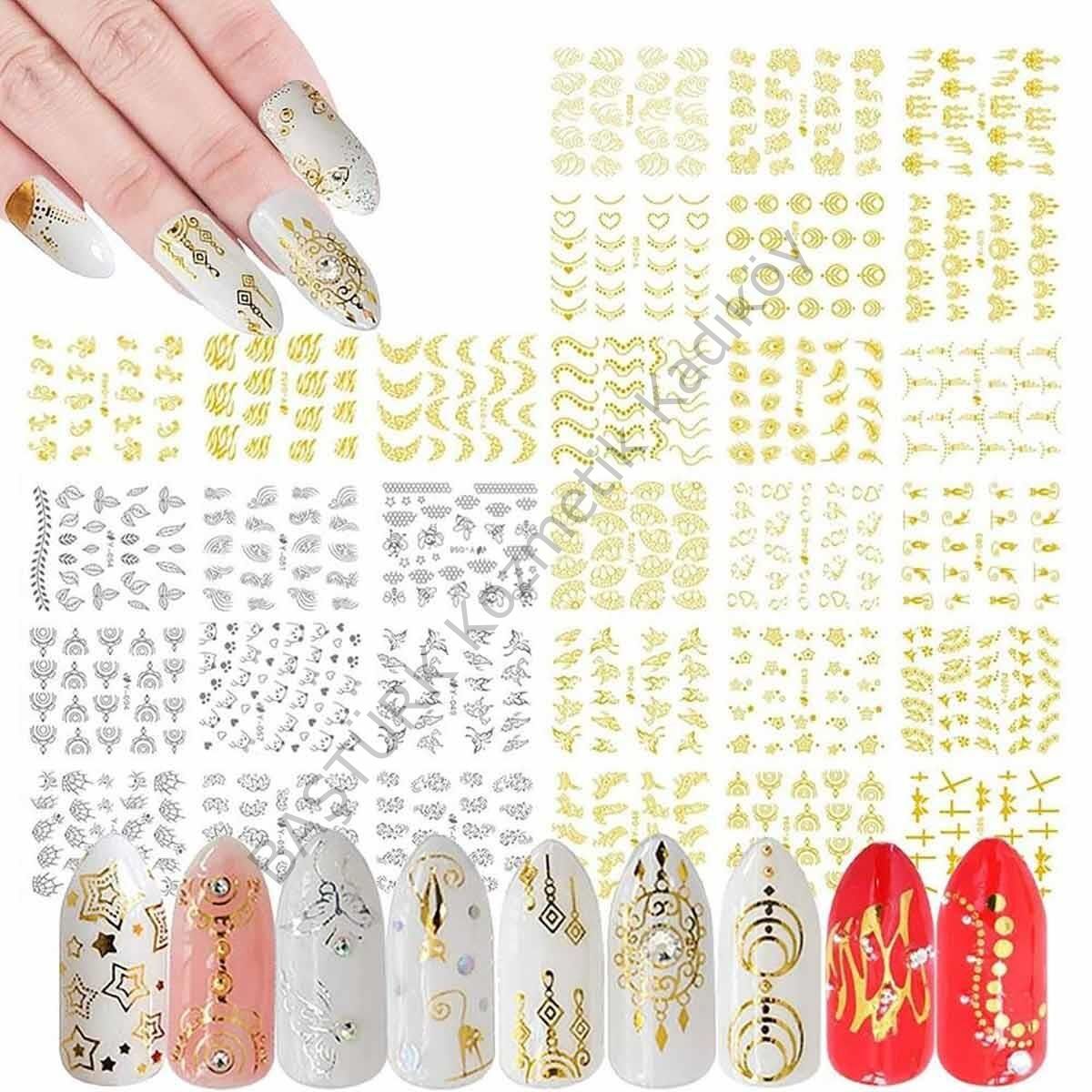 Adanil 30'lu Sticker Set Altın ve Gümüş Renk Nokta Çizgi Desen Nail Art Sticker Set