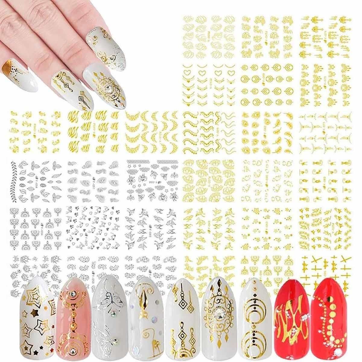 Adanil 30'lu Sticker Set Altın ve Gümüş Renk Nokta Çizgi Desen Nail Art Sticker Set
