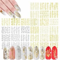 AVyu 30'lu Sticker Set Altın ve Gümüş Renk Nokta Çizgi Desen Nail Art Sticker Set
