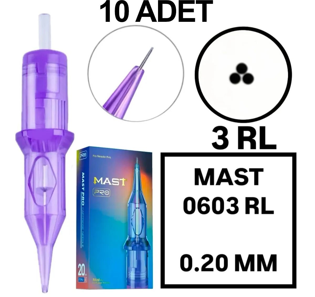 MAST PRO KALICI MAKYAJ VE DÖVME KARTUŞ İĞNE 10 ADET 0603RL 0.20 KALINLIK ROUND LINER