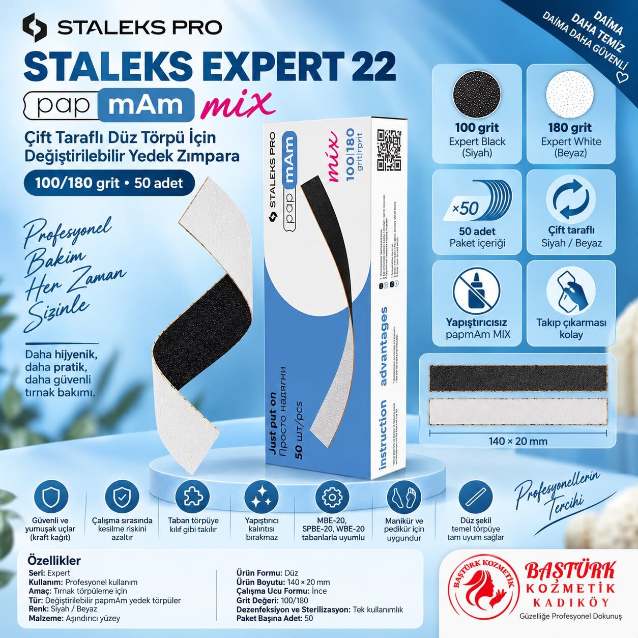 STALEKS EXPERT 22  papmAm Mix Çift Taraflı Düz Törpü için Değiştirilebilir Yedek Zımpara 100/180 Grit (50 adet)