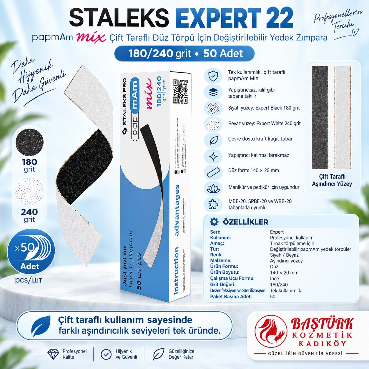 STALEKS EXPERT 22  papmAm Mix Çift Taraflı Düz Törpü için Değiştirilebilir Yedek Zımpara 180/240 Grit (50 adet)